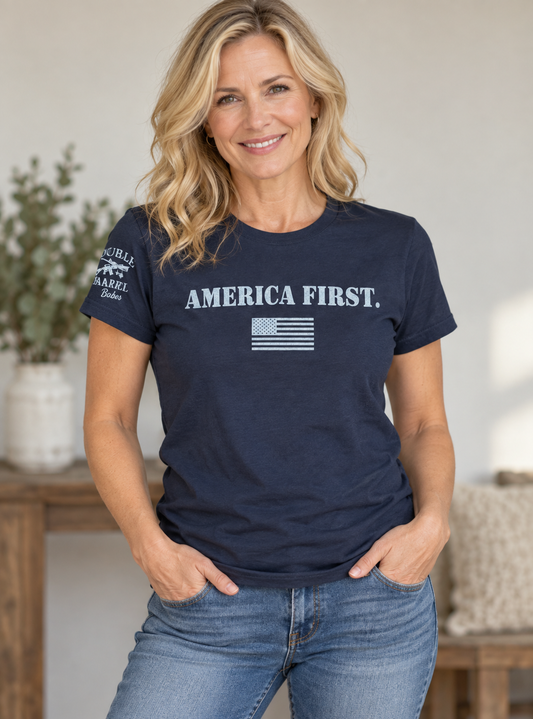 Muted Navy V-Neck T-shirt with Gray Writing (America First)